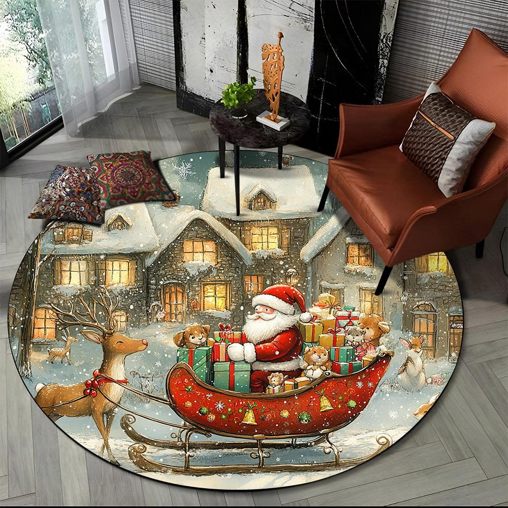 Cartoon Weihnachtsmann Frohe Weihnachten Schneemann Neujahr Runder Teppich für Schlafzimmer Wohnzimmer Sofadekoration, Dekor Bodenteppich