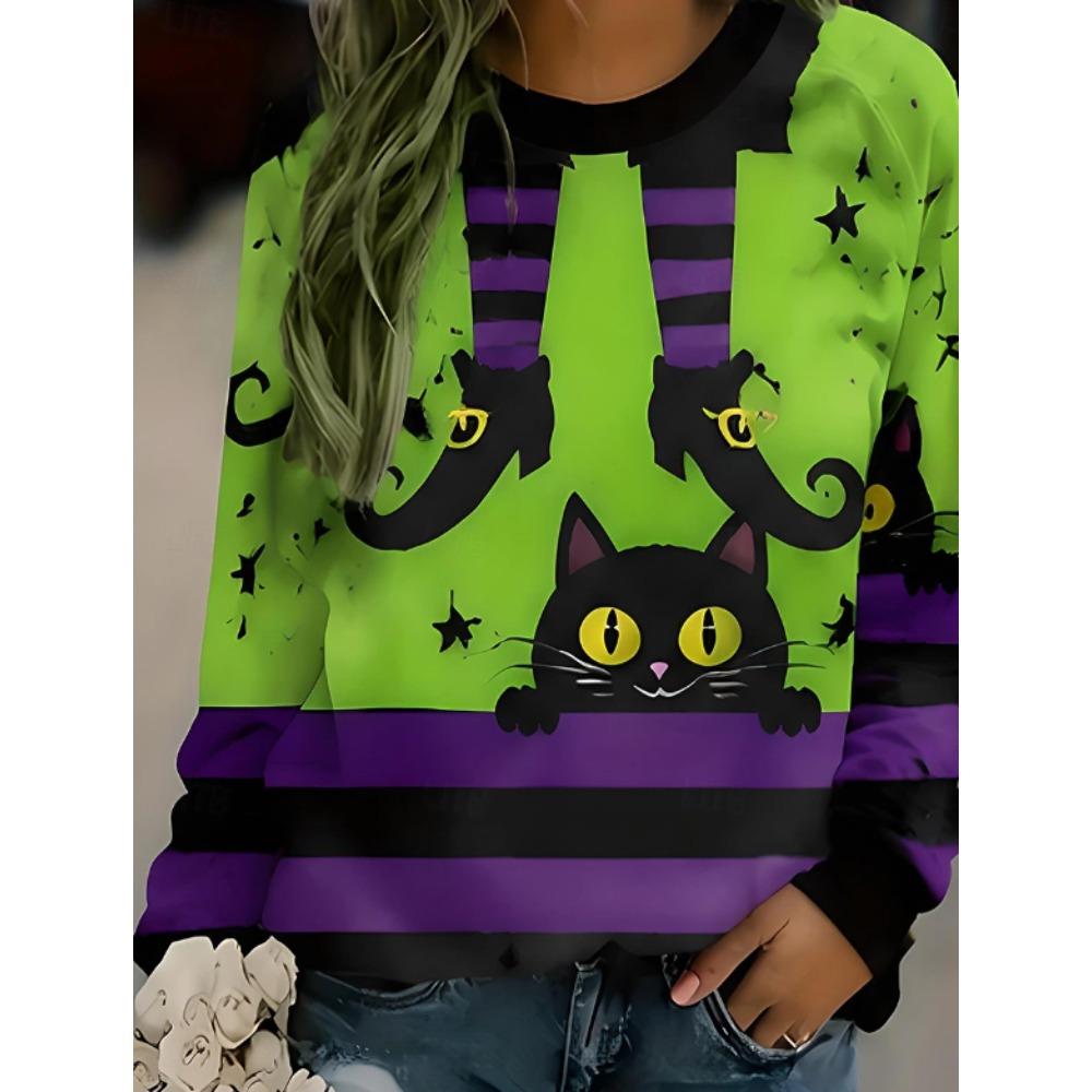 Tops for Women Halloween Print Round Neck Long Sleeve T-shirt Fall Casual Slim Pullover Women's Long Sleeve Top