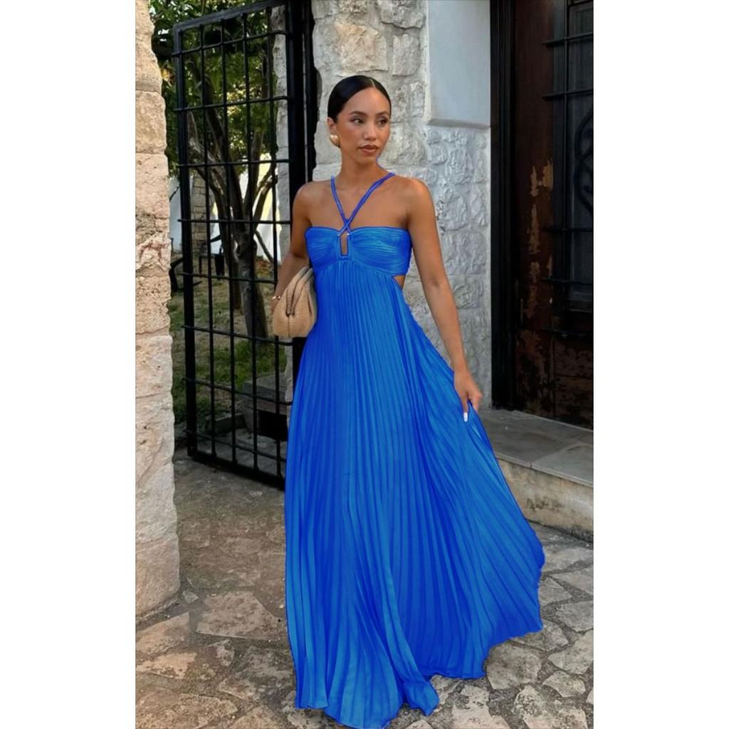 A New Summer Solid-color Strapless Pleated Sleeveless Halter Dress