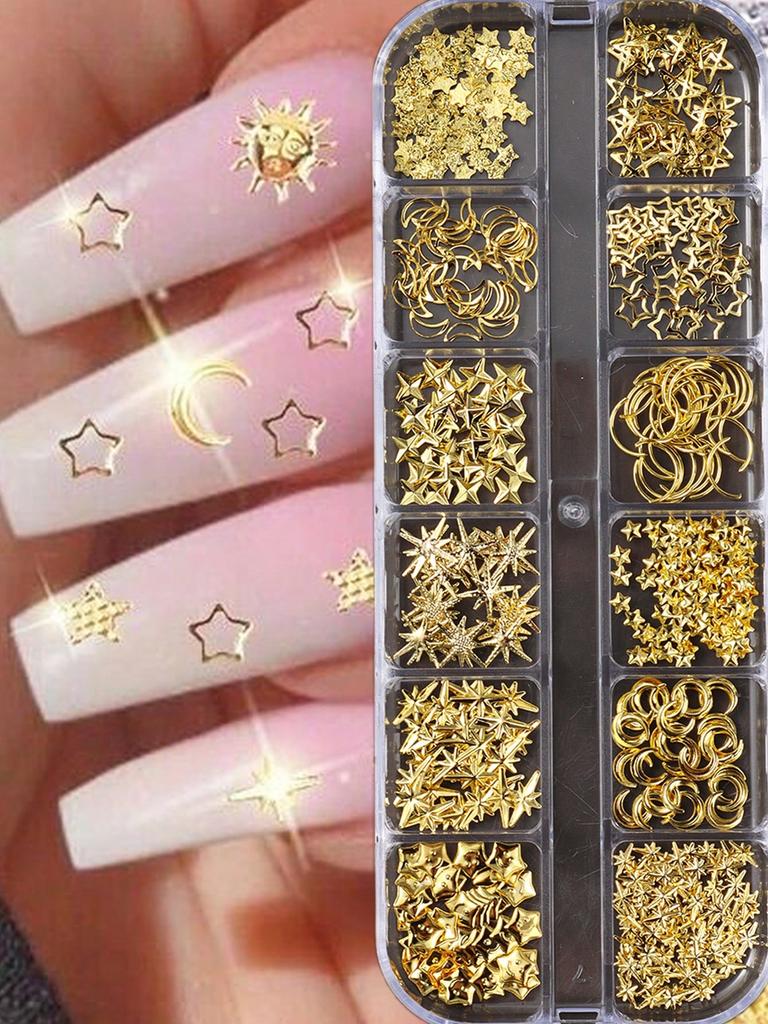 12 Grids Gold Moon Star Metallic Nail Charms 3D Y2K Jewelry Rhinestones Steel Ball Nail Art Decoration Manicure Supply Diy Nail Supplies