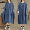 Übergröße Frühling Sommer Damen Midi Kleid O-Ausschnitt Kurzarm Oversize Vintage Kleid Baggy 3/4 Ärmel Denim Damen Übergröße Kleider