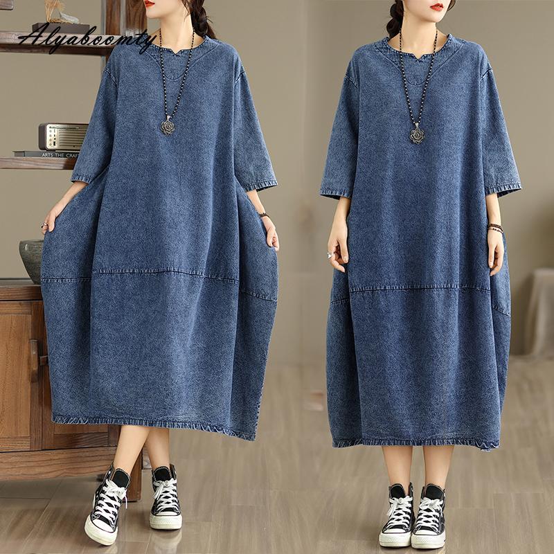 Übergröße Frühling Sommer Damen Midi Kleid O-Ausschnitt Kurzarm Oversize Vintage Kleid Baggy 3/4 Ärmel Denim Damen Übergröße Kleider