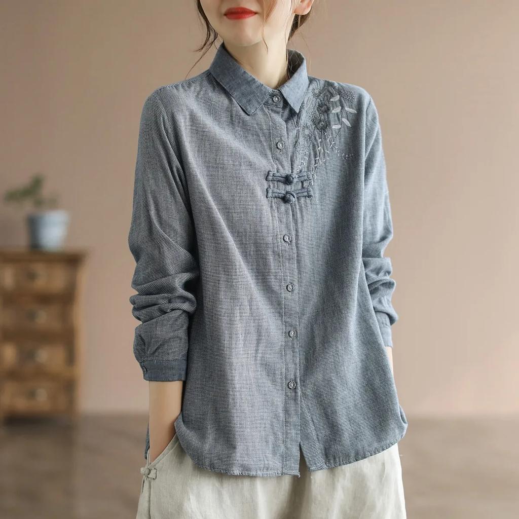 Camicia Retrò Letteraria e Artistica in Cotone e Lino da Donna Primavera Autunno Ricamo Stile Etnico Top da Donna con Bottoni a Disco in Stile Cinese