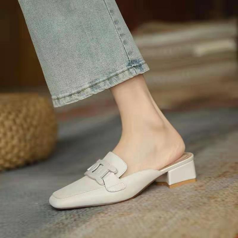 Summer new metal buckle square head thick heel sandals medium heel half drag women's slippers lazy slippers women