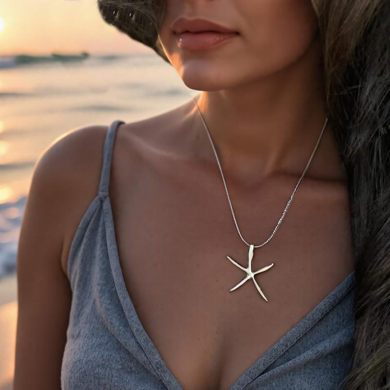 Fashion Silver Color Starfish Pendant Necklace for Women Minimalism Metal Five Pointed Star Irregular Sweater Chain Jewelry Gift