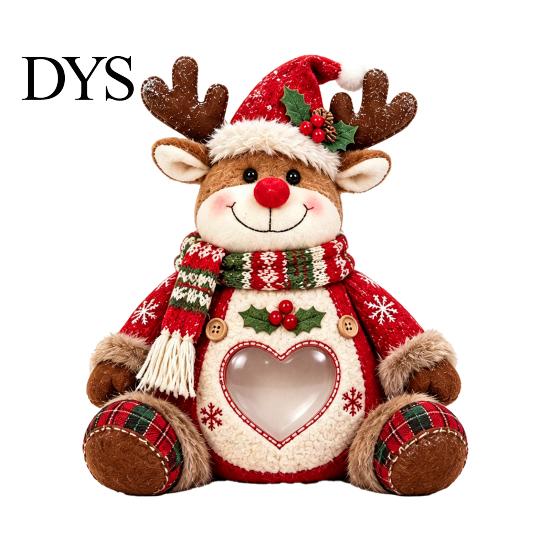 Soft Knitted Christmas Ornament Plush Snack Bag, Clear Heart Window Storage Doll with Back Zipper, Holiday Candy Cookie Gift Home Decor Holder,