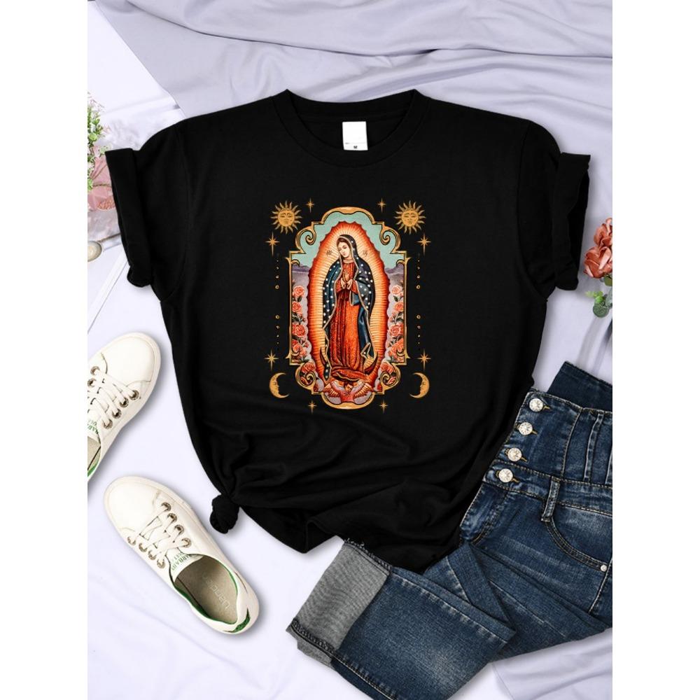 T-shirts de rue Notre-Dame de Guadalupe T-shirts Imprimés Confortables Col Rond Manches Courtes Été Décontracté Vêtements Féminins