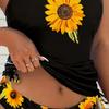 Black Sunflower Print Tankini Set Halter Side Tie Two Piece Swimsuit