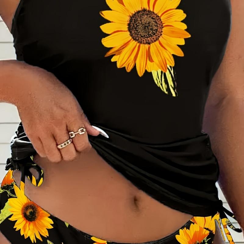 Black Sunflower Print Tankini Set Halter Side Tie Two Piece Swimsuit
