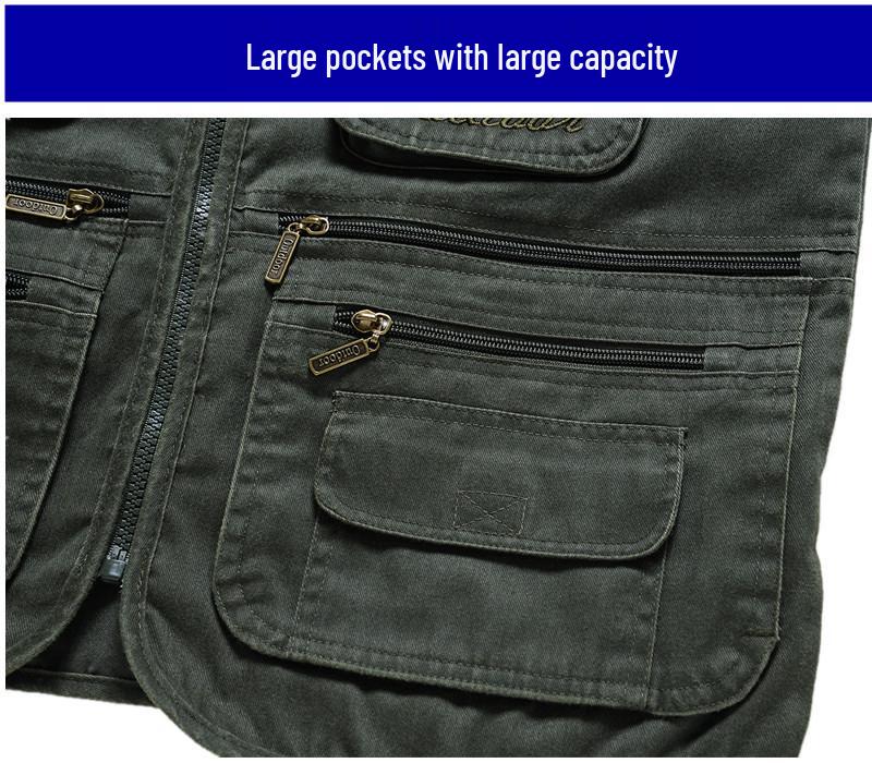 Men's Army Green Multi-Pocket Cotton Tank Top, Plus Size 10XL, Spring/Autumn Wear