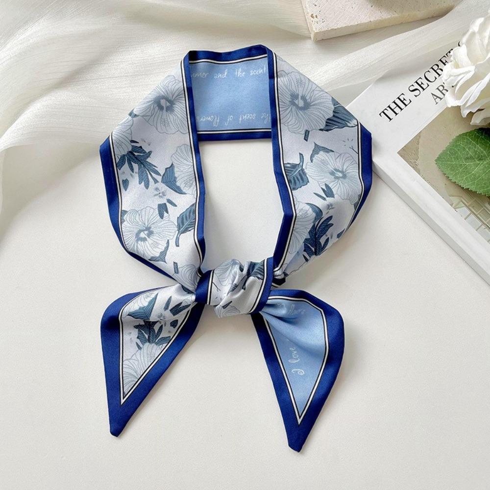 Summer Floral Silk Satin Scarf Narrow Thin Neckerchief Tied Hairband Bag Decoration Long Vacation Headscarf