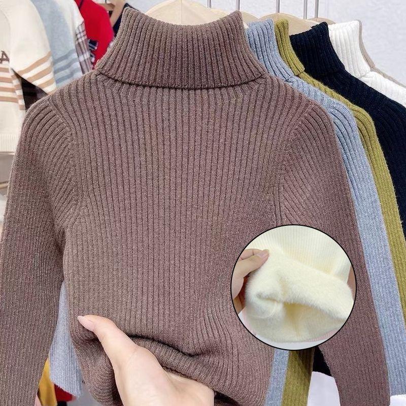 Kids Autumn Winter Thickened Fleece Lined High Neck Knit Sweater Warm Base Layer Top For Toddlers And Children 90