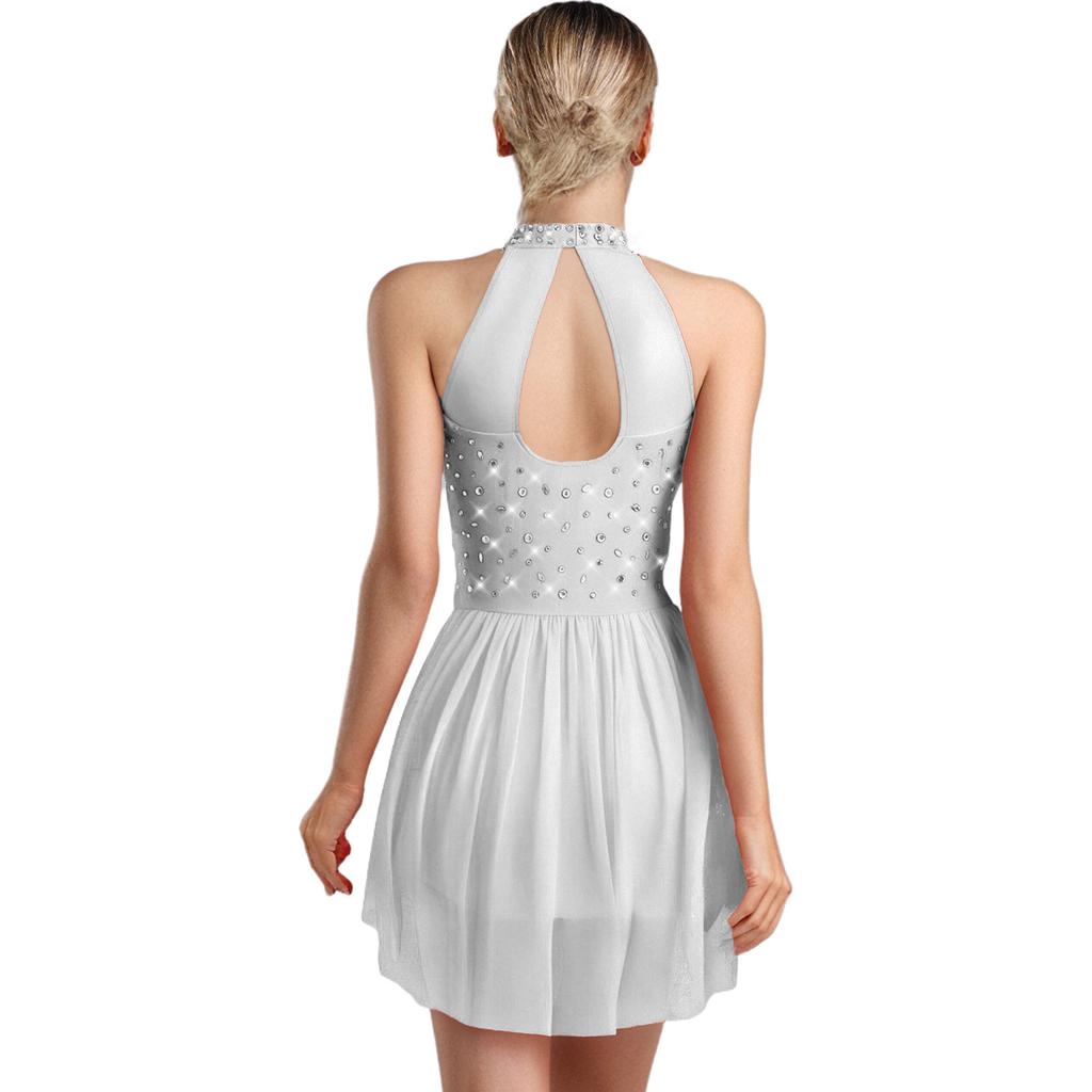 Damen Glitzernder Tanz-Leotard Ärmellos Rücken Ausgeschnitten Unregelmäßiger Rock Strass Applikation Lateinkostüm