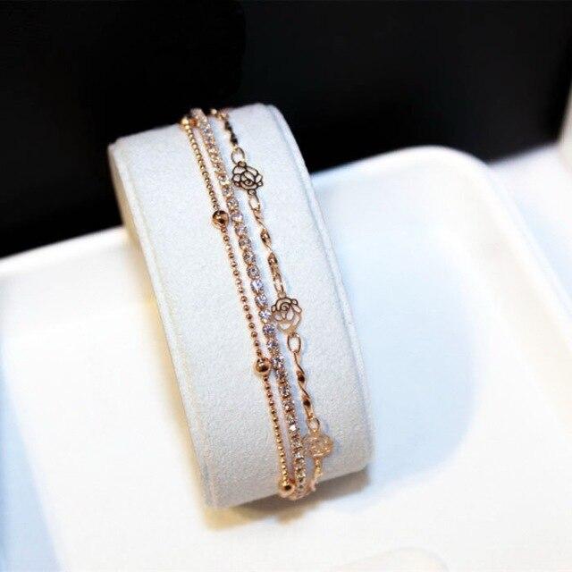 

Браслет-цепочка с кристаллами и цветком розы, золотистого цвета, новые модные ювелирные изделия, браслеты для женщин, бижутерия, многослойный, милый подарок