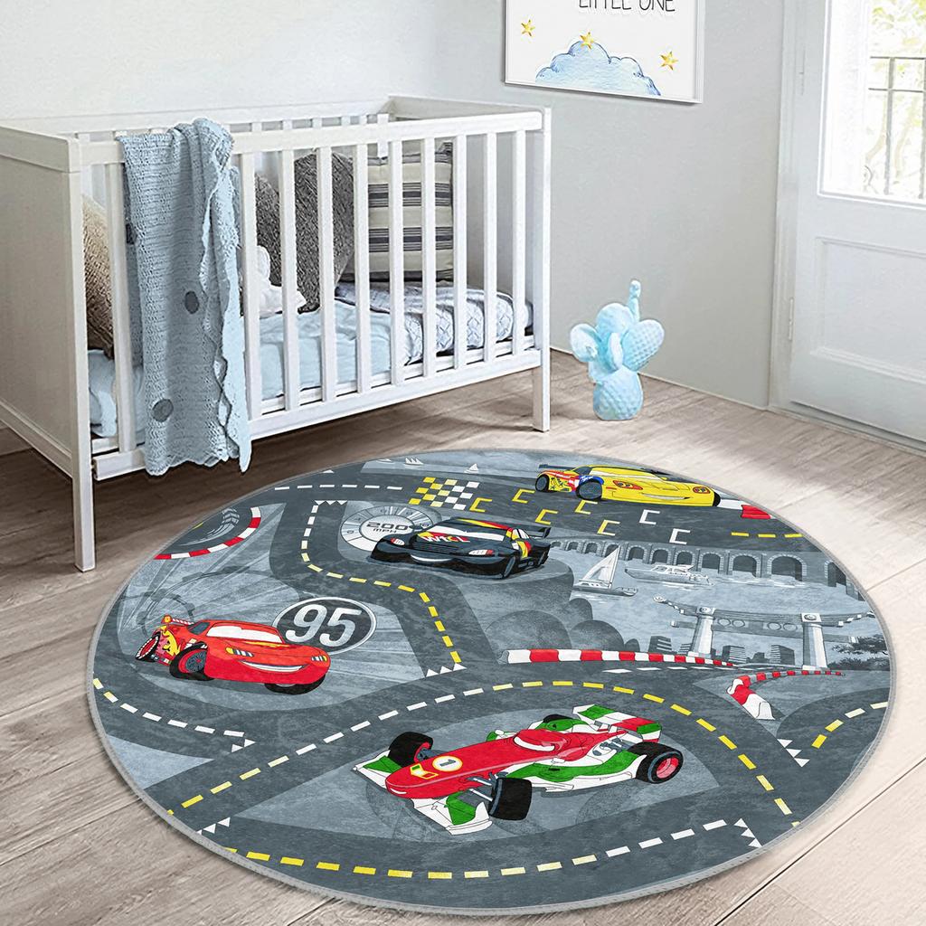 Cars Nursery Rug Cartoon Playmat for Kids Room Race Toddler Round Carpet Track Non Slip Activity Rug Formula Playroom Rug