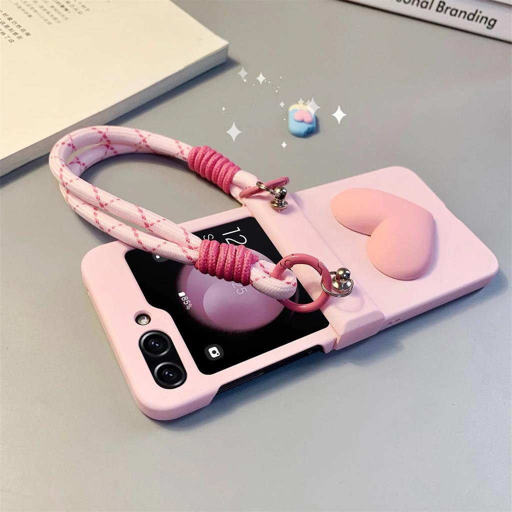 Fashion Simple Pink Love Portable Rope Chain Case for Samsung Galaxy Z Flip 5 Flip3 ZFlip4 Wrist Strap Shockproof Back Cover