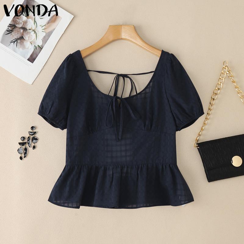 

VONDA Women Puff Sleeve Plaid Print Back Stretch Casual Rumple Blouse S темно-синий