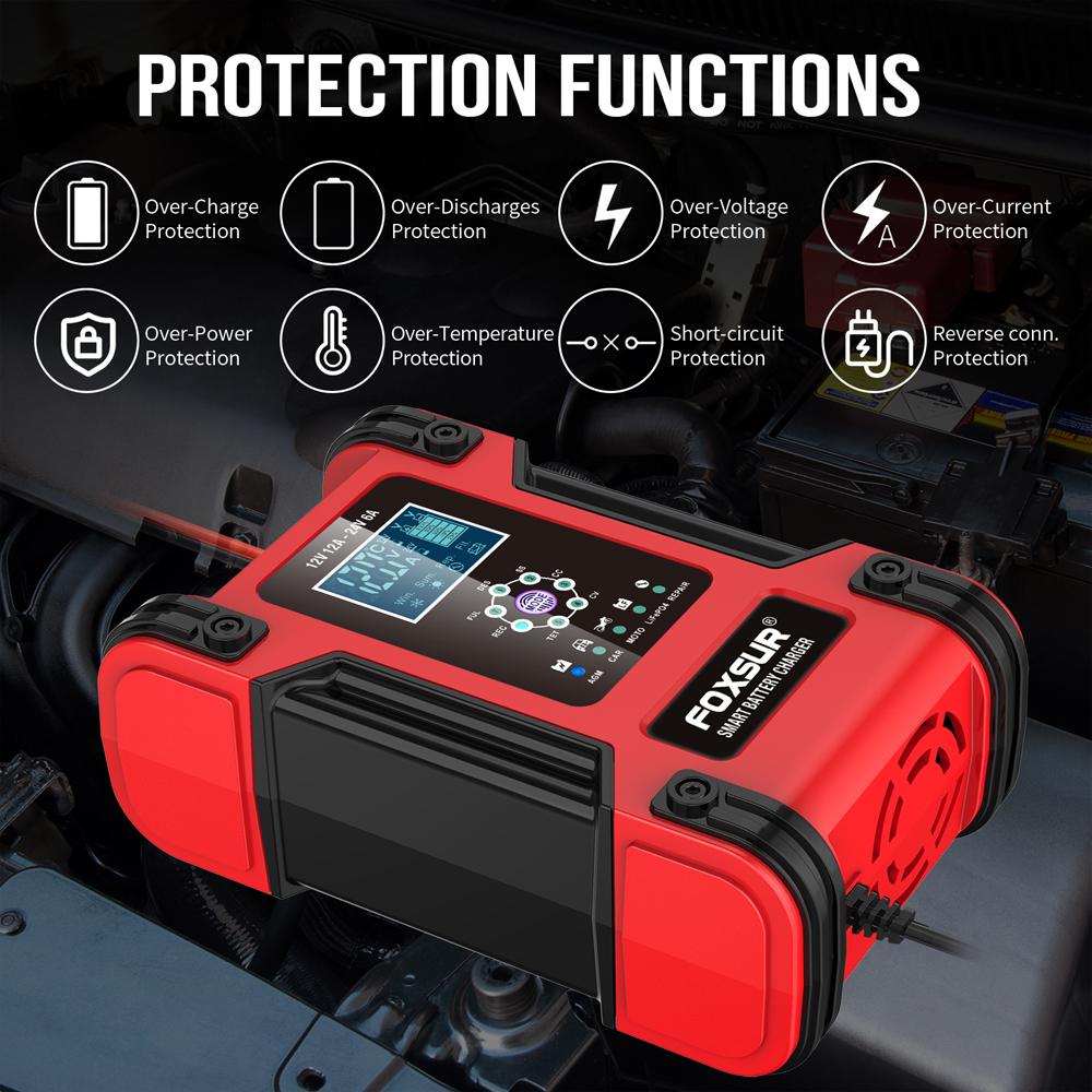 12V 24V Car Battery Charger Auto Lithium AGM GEL Lead-Acid Batteries 7-Stage Automatic Repair LCD Power Adapte