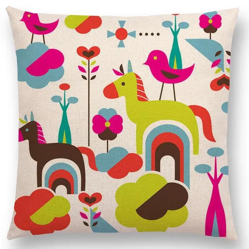 Cartoon Sofa Überwurf Kissenbezug Bunte Tiere Vogel Katze Reh Pfau Eule Blumen Lied Kissenbezug