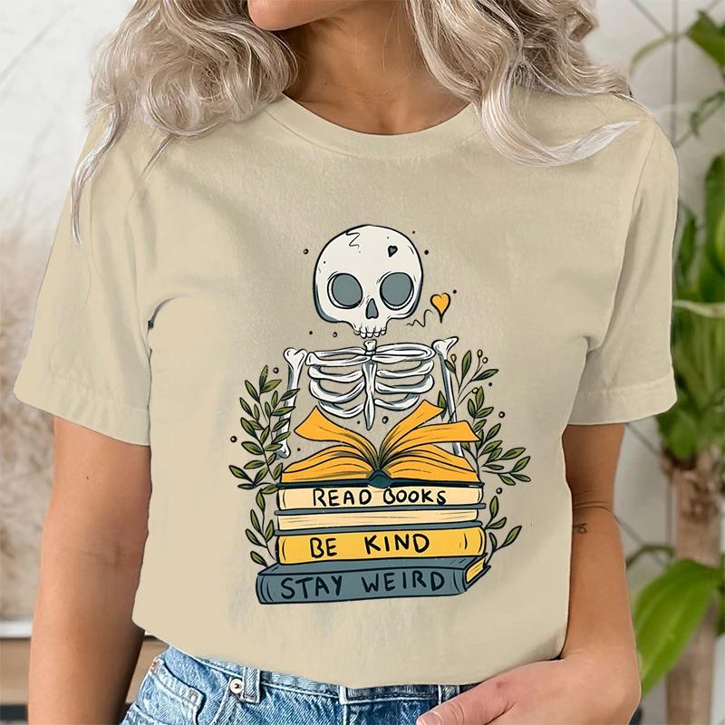 Read Books De Kind Stay Weird Tshirts Women Retro Skull Skeleton Tshirt Short Sleeve Oneck Shirt Bookworm Book Lover T Shirt