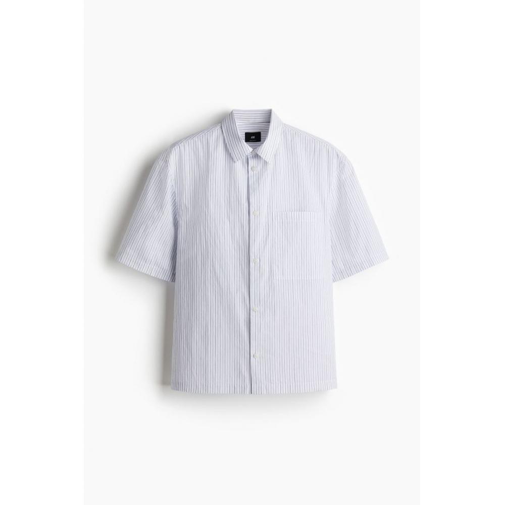 H M sHort Sleeve sHirt Regular Fit wHite Grey Stripe