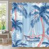 1pc Vintage Nautical Sailboat & Palm Tree Shower Curtain - Tropical Coastal Design with Blue Sky, Fluffy Clouds & Calm Waters,