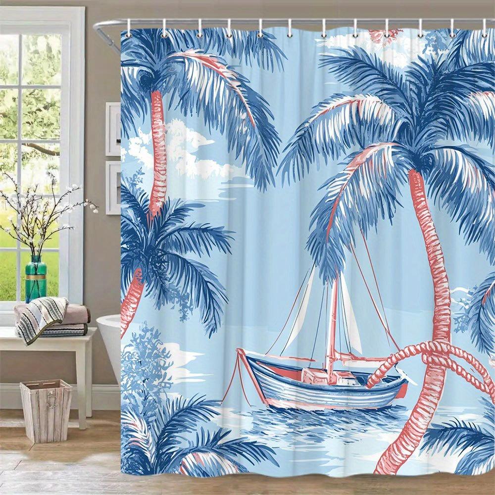 1pc Vintage Nautical Sailboat & Palm Tree Shower Curtain - Tropical Coastal Design with Blue Sky, Fluffy Clouds & Calm Waters,