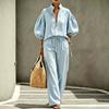 2026 summer new European and American cross-border women's clothing foreign trade casual loose solid color half zipper lantern sleeve women's suit