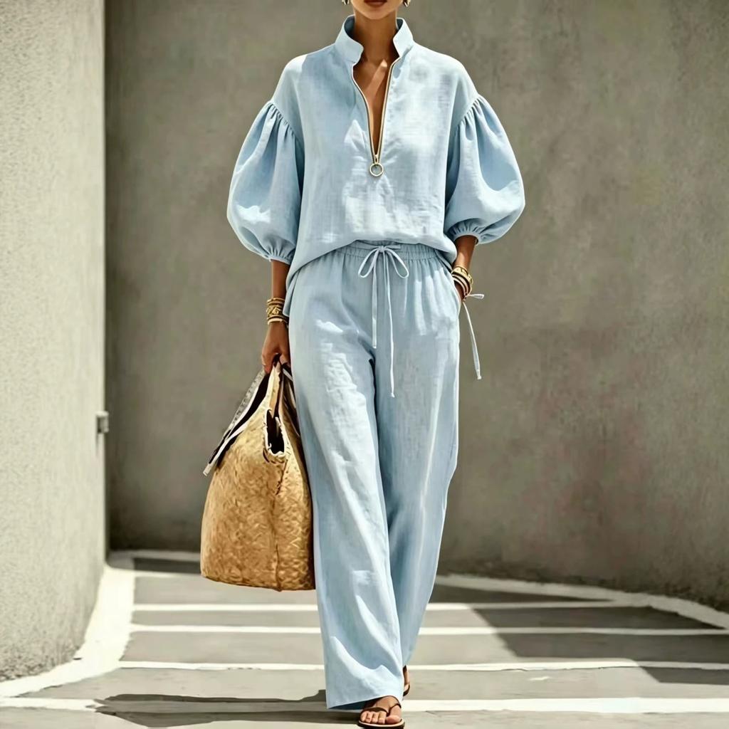 2026 summer new European and American cross-border women's clothing foreign trade casual loose solid color half zipper lantern sleeve women's suit