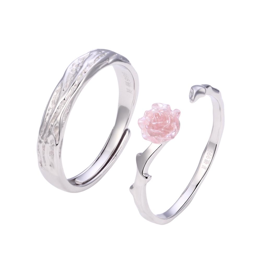 Sterling Silver 999 Adjustable Rose Couple Rings - Sweet Style for Men and Women