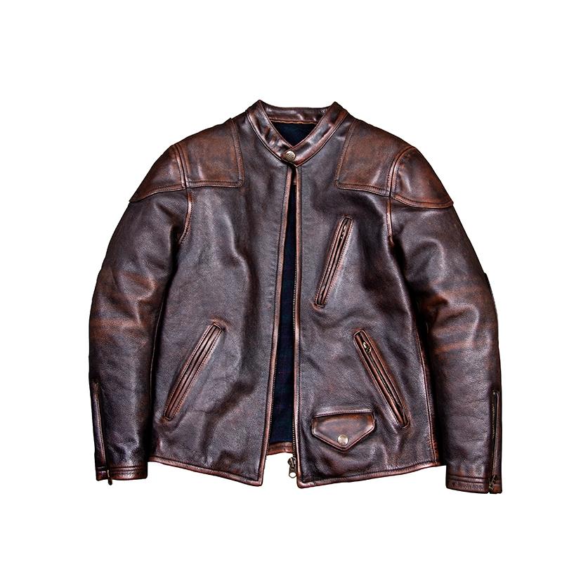 Chinese Size Vintage Men Genuine Leather Jacket Tea Core Cowhide Thickness 1.6mm Tanned Oil Waxed Real Leather Jacket Heavy Thick