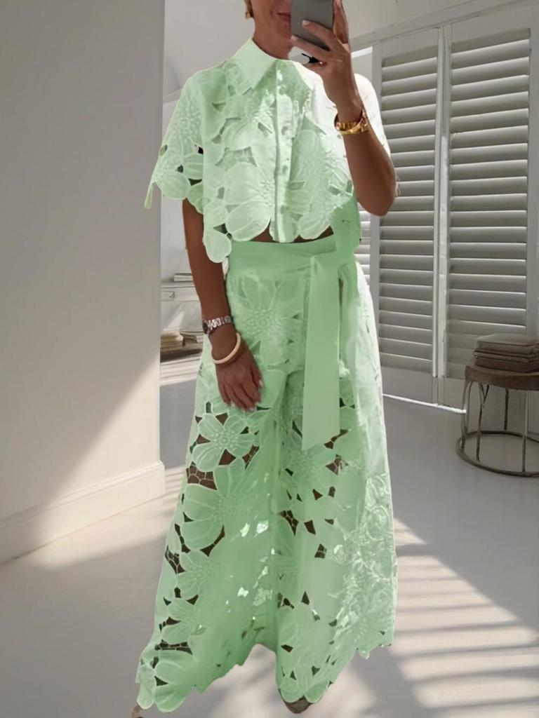 2025 Summer Women's Solid Color Casual Hollow Out Cardigan & Wide Leg Pants Set