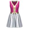 Womens Halloween Arab Princess Cosplay Dress V Neck Sleeveless Contrast Color Metallic Shiny Party Dress