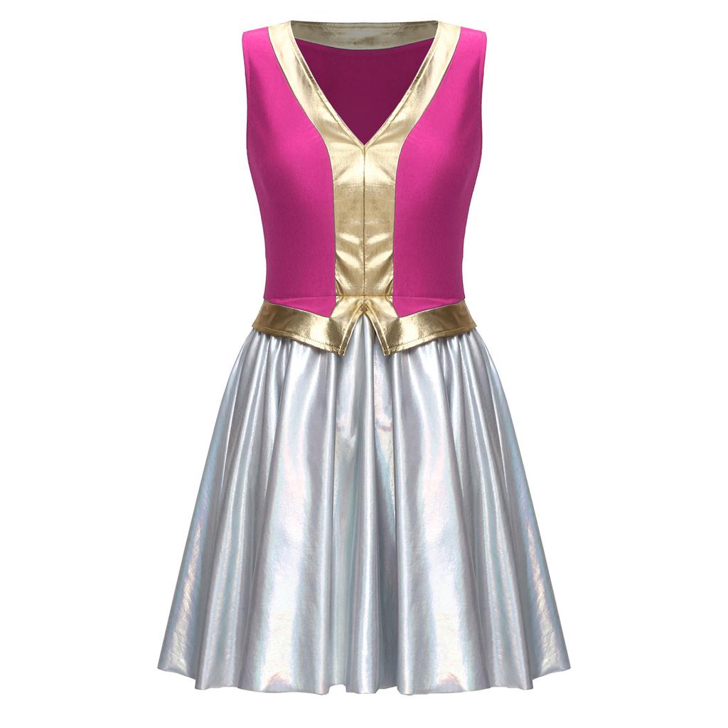 Womens Halloween Arab Princess Cosplay Dress V Neck Sleeveless Contrast Color Metallic Shiny Party Dress