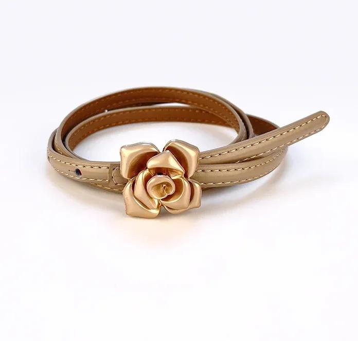 1.0cm New Unique Rose Genuine Leather Gold Belt Women Fashion Cowskin Flower Thin Belts Female Jeans Dress Waistband