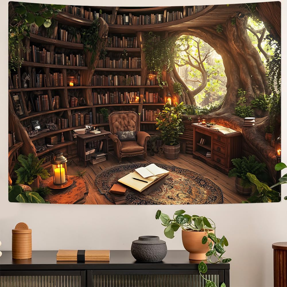 Window Tapestry Forest Window Tapestry Library Tapestries Tree Bookshelf Wall Blanket For For Bedroom Living Room Dorm Decor