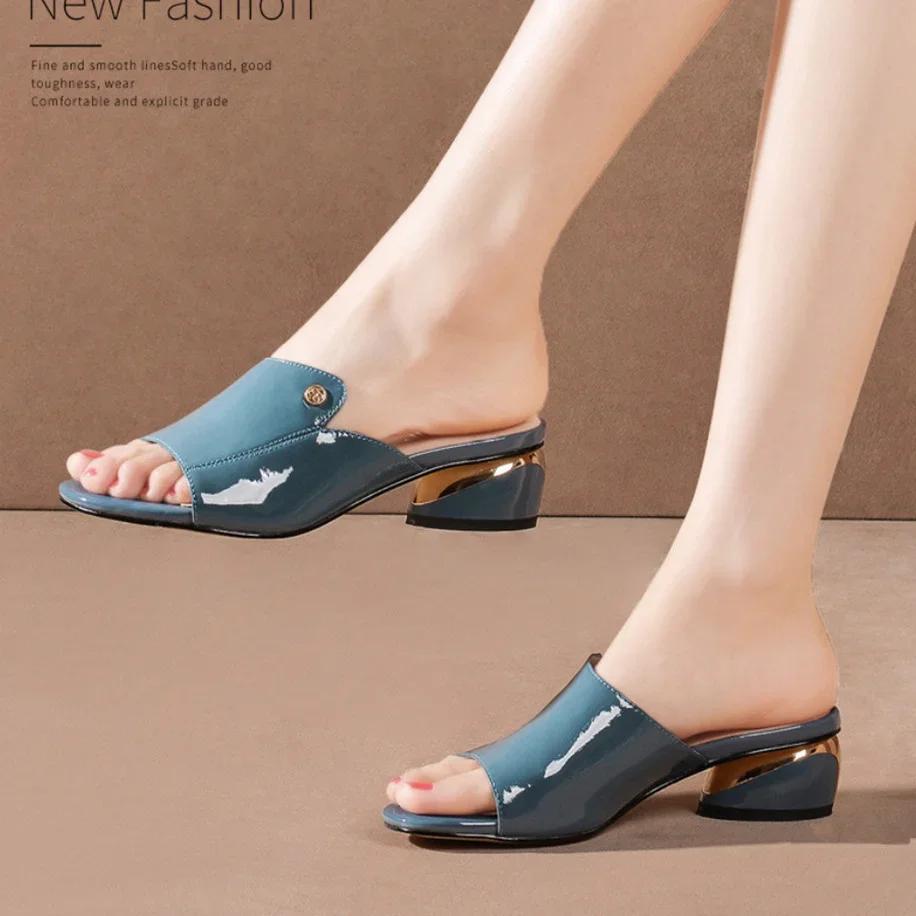 Dámské pantofle s 5cm podpatkem Módní Elegantní Sandály s otevřenou špičkou pro ženy PU kůže Pohodlné Ležérní boty pro ženy Tacones