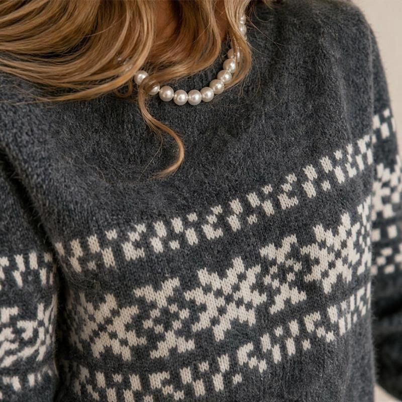 Women Vintage Geometric Jacquard Knit Sweater Raglan Crew Neck Loose Fit Casual Base Layer