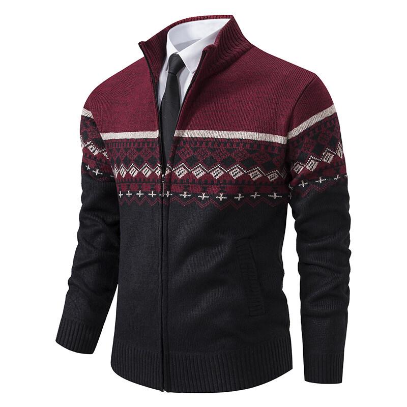 

Men s Fleece-Lined Stand Collar Color Block Knit Cardigan Sweater M вина червоного кольору