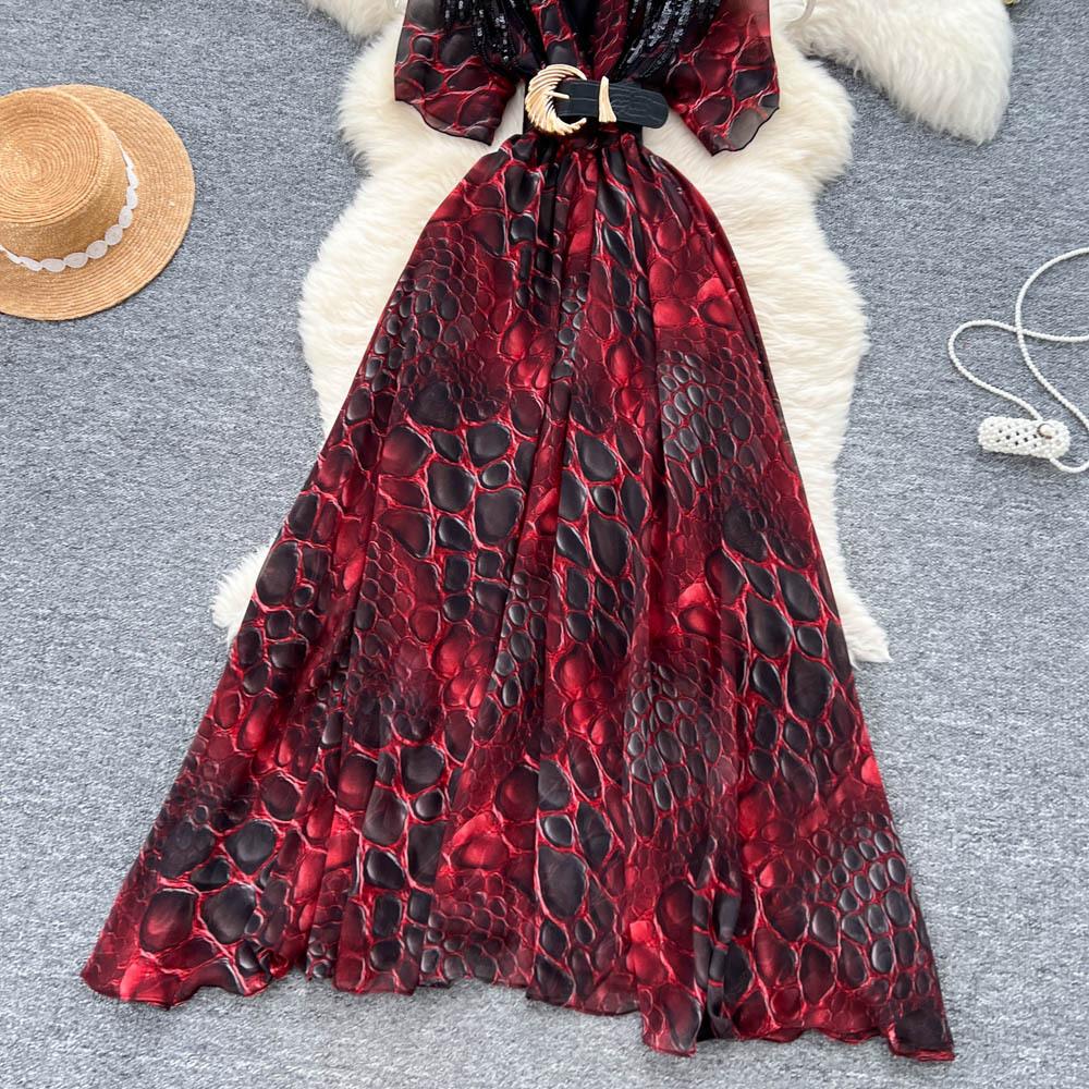 Damenkleid Lange Kleider A-Linie Print Streetwear V-Ausschnitt Kurze Ärmel Elegant Patchwork Y2k Enger Taillenbereich Party Nacht Arbeitskleider