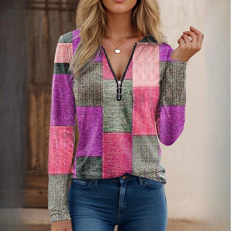 EastRogue Autumn and Winter Women's Fashion Casual Loose Printed V-Neck Zip Long Sleeve Cashmere T-Shirt