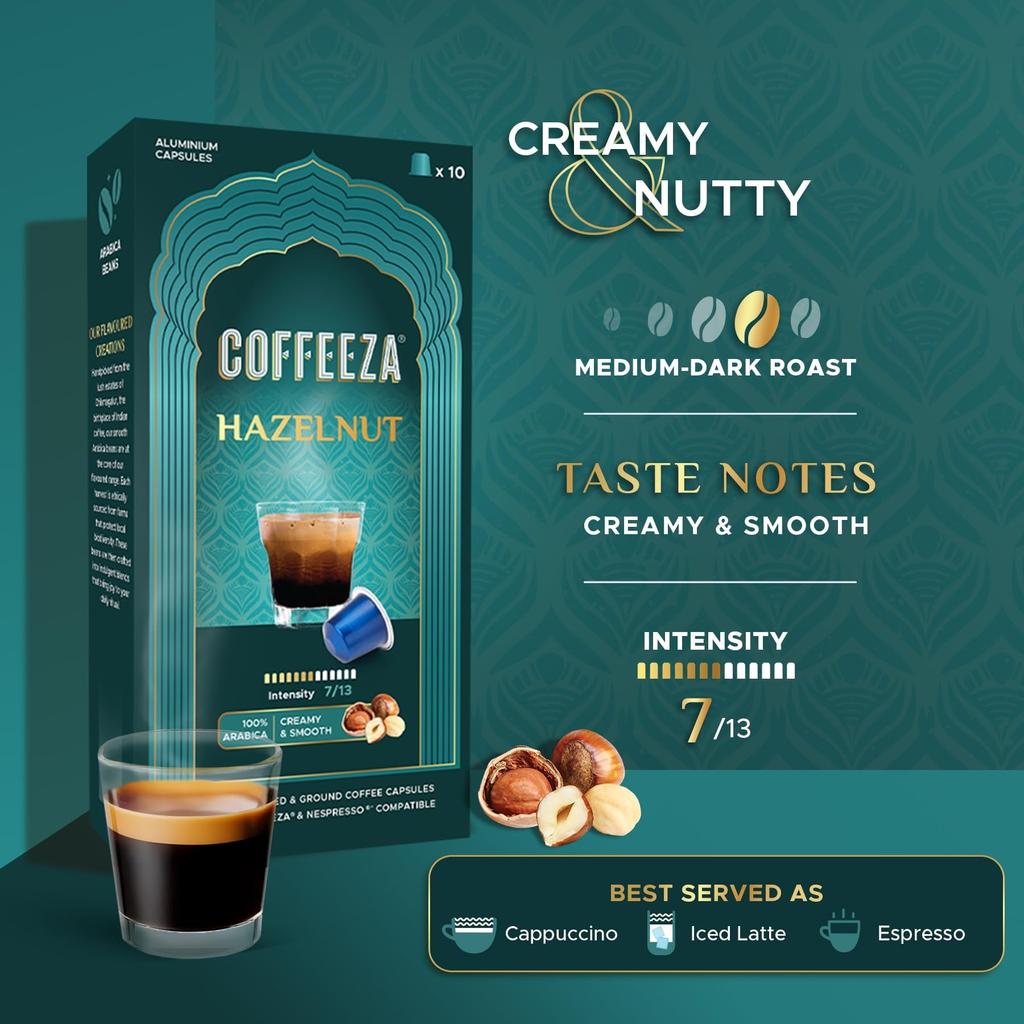 Coffeeza Hazelnut Flavoured Aluminium Coffee Capsules, Intensity - 7 |100% Arabica | Nespresso Compatible Coffee Pods | Box of 1 (10 Capsules)