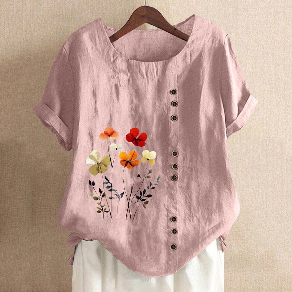 Women's Fashion Casual Round Neck Short Sleeve Cotton And Linen Printed T-shirt Top