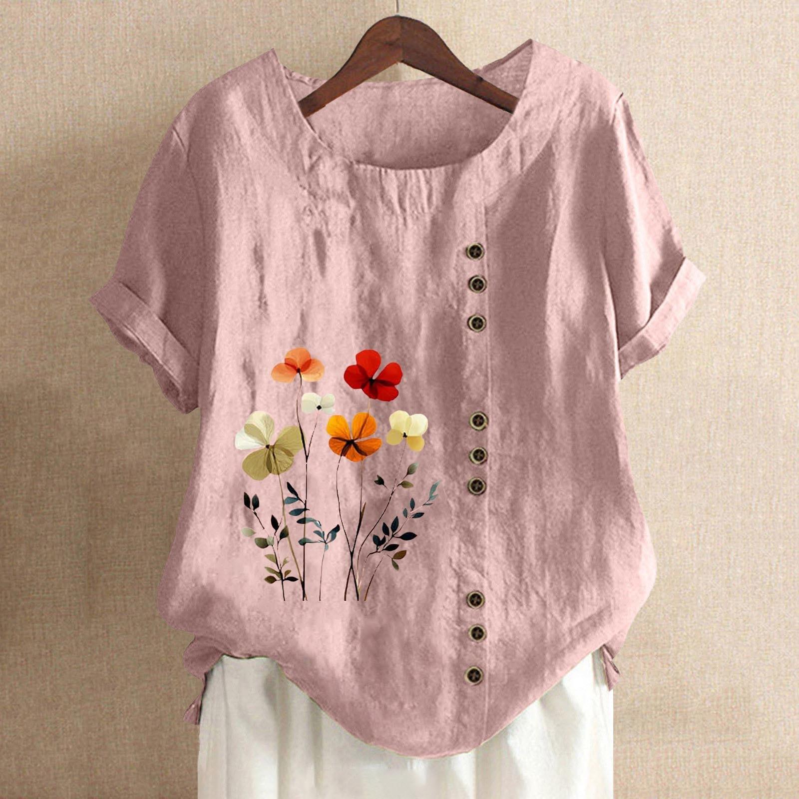

Women s Fashion Casual Round Neck Short Sleeve Cotton And Linen Printed T-shirt Top L розовый