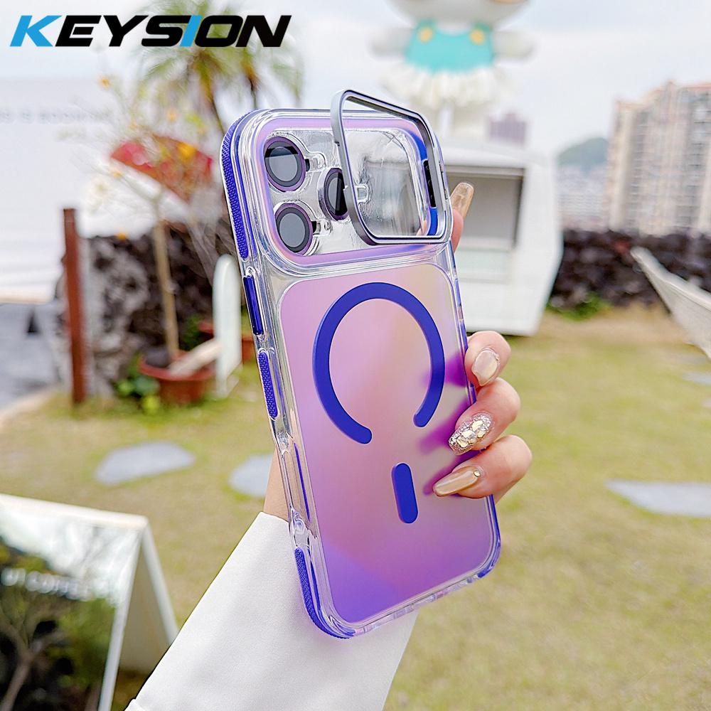 KEYSION Laser Gradient Magnetic Case for MagSafe for iPhone 11 12 13 14 15 17 Pro Max 16Plus Air 17e Lens Stand Shockproof Cover