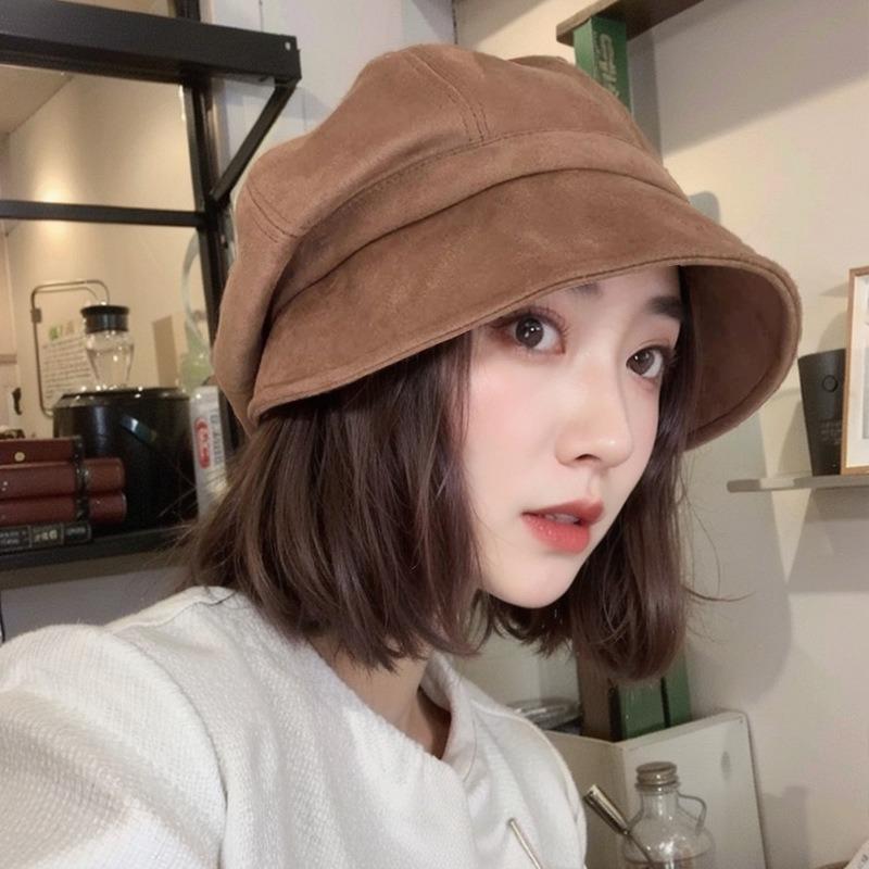 Hat Female Autumn and Winter Literary and Retro Versatile Suede Cold Hat Showing Face Small Octagonal Hat Fisherman Hat