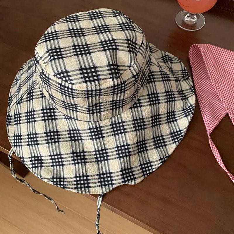 Korean Plaid Bucket Hat for Women Summer Sunshade Fisherman Cap Outdoor Beach Large Brim Panama Sun Hats