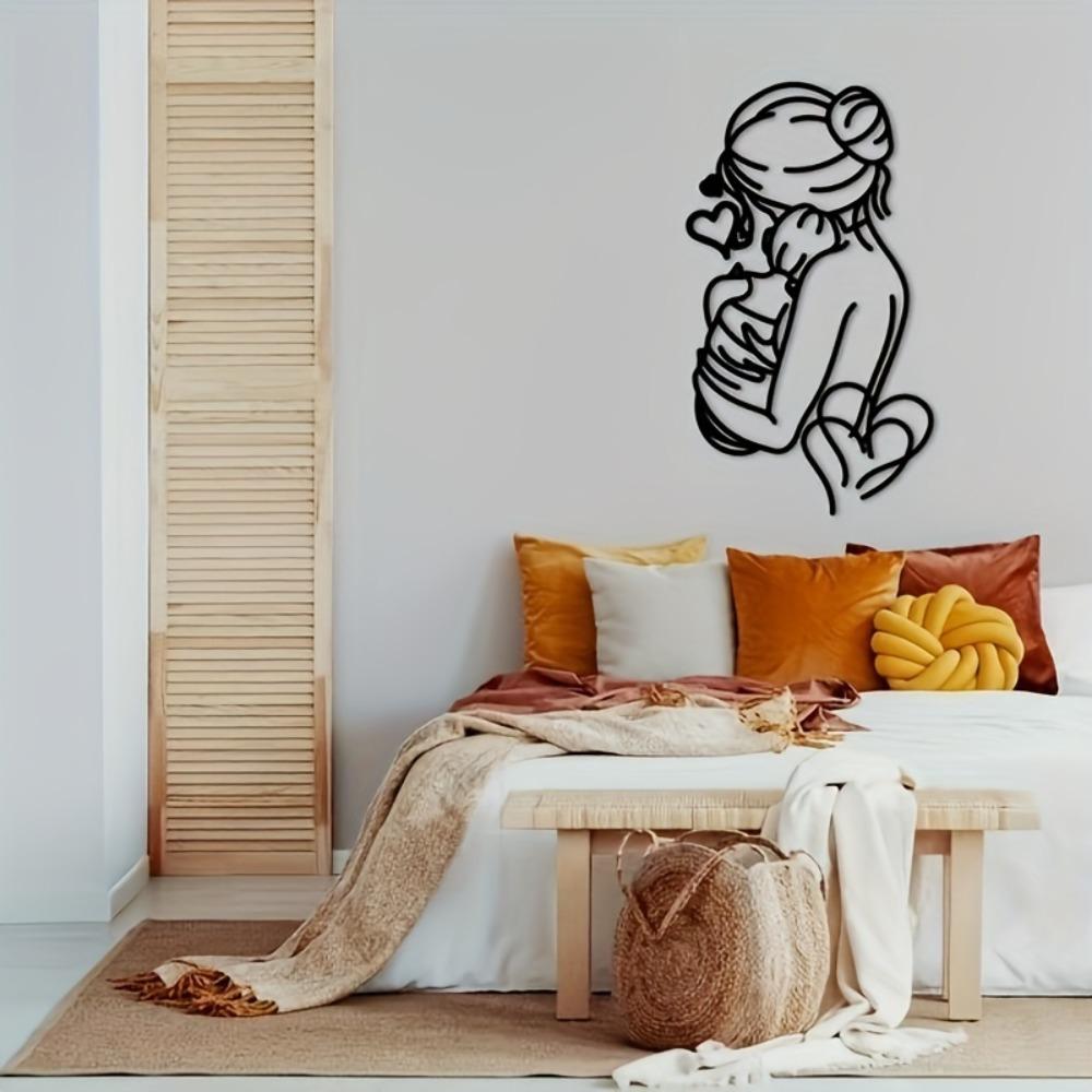 Metal Wall Art Mother and Child 2D Flat Sculpture Family Sign Minimalist Decor for Living Room First Mother's Day Gift for New Mom