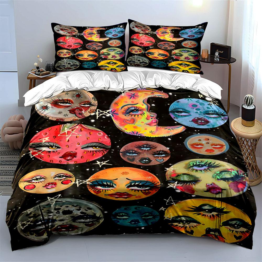 Colorful moons with faces. Bedding sets Duvet cover sets Duvet covers Pillowcases(1 * Duvet Cover 2 * Pillowcases without duvet insert)