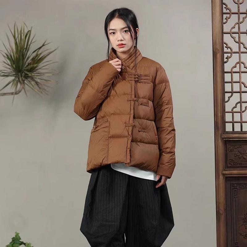 New Chinese-style button-down jacket women's short 2024 winter fashion stand-up collar thickened white duck down retro warm jacket